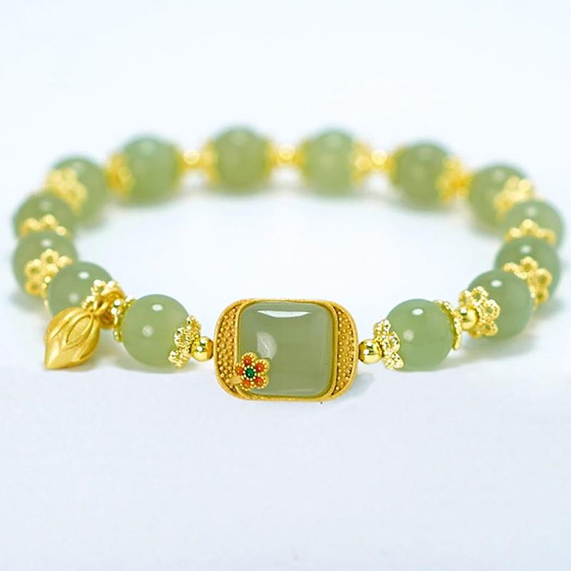 Pulseira com pingente de lótus de jade hetian estilo chinês imitação pulseira vintage com contas para mulheres joias de luxo leves presentes