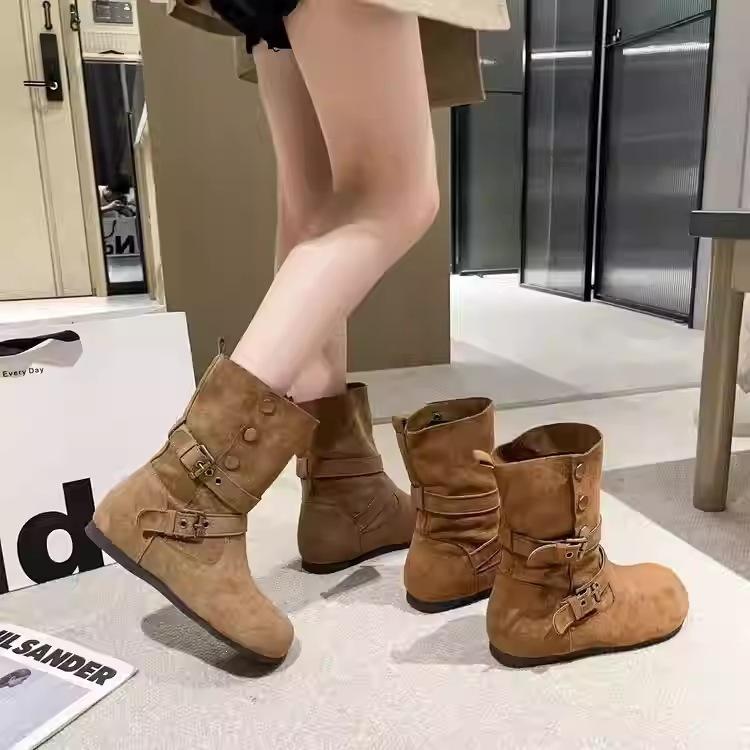 Short boots women's fashion rivets short tube thick-soled belt buckle thin women's boots western inner height increase rad beauty autumn