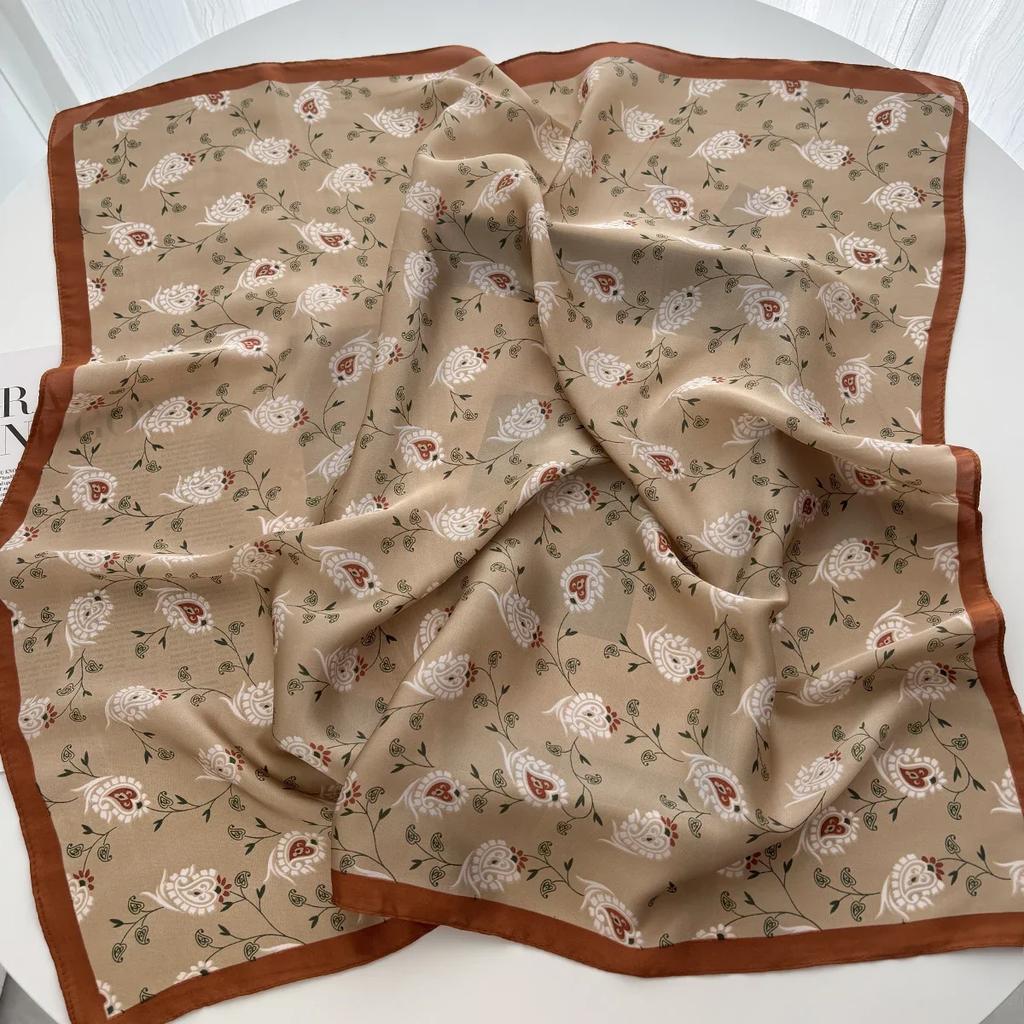 Floral Print Shawl Square Scarf for Women Soft Satin Neckerchief Female Hair Bands Ribbon Headband Bandana 70X70CM
