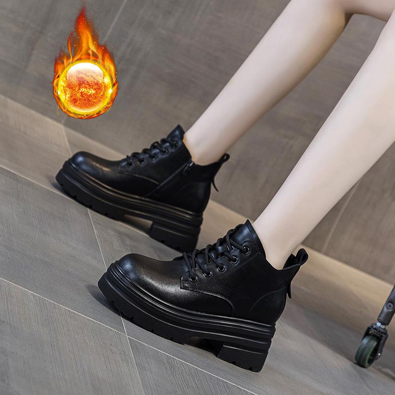 Autumn and winter new women's boots thick sole heightened new muffin bottom middle help casual lace-up short boots women's tide velvet