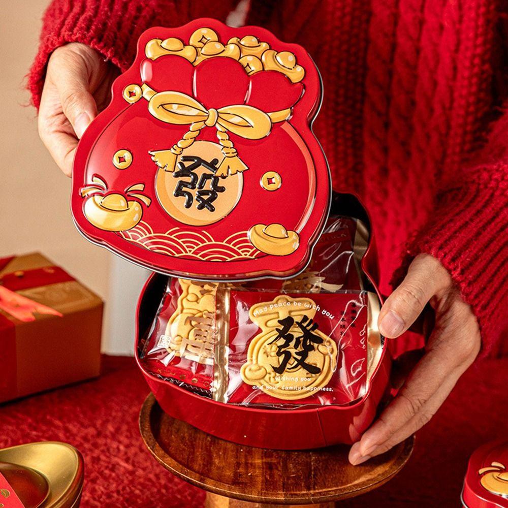 Durable Tinplate Package Box Cartoon Gift Bag Red Gift Box Blessing Words Thicken Packing Box Chinese New Year