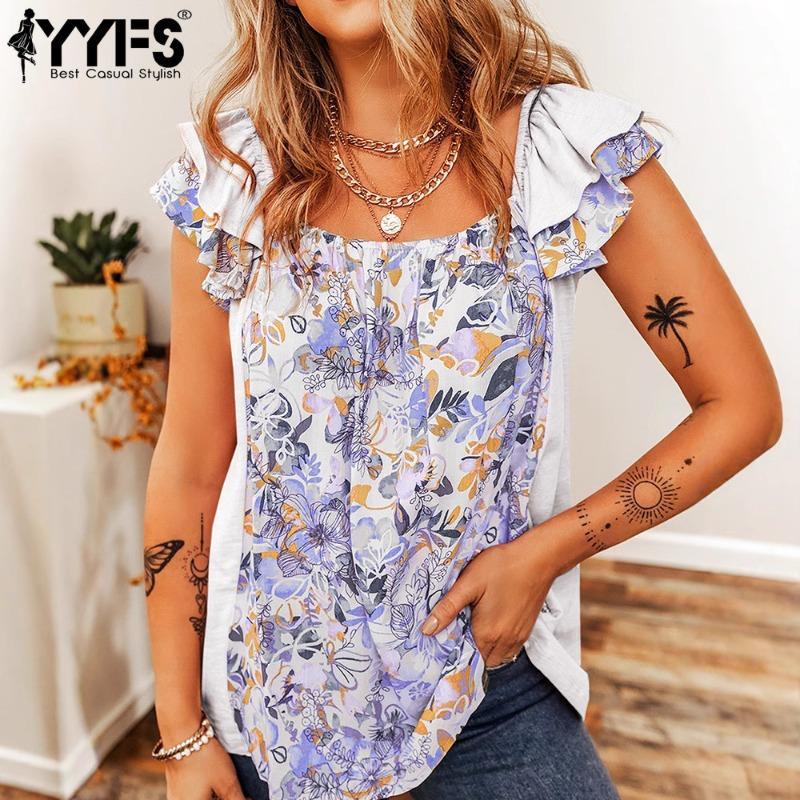 YYFS Women's Fashion Casual Flower Pattern Print Summer Spring Short Sleeve Square Collar Blouses & Shirts