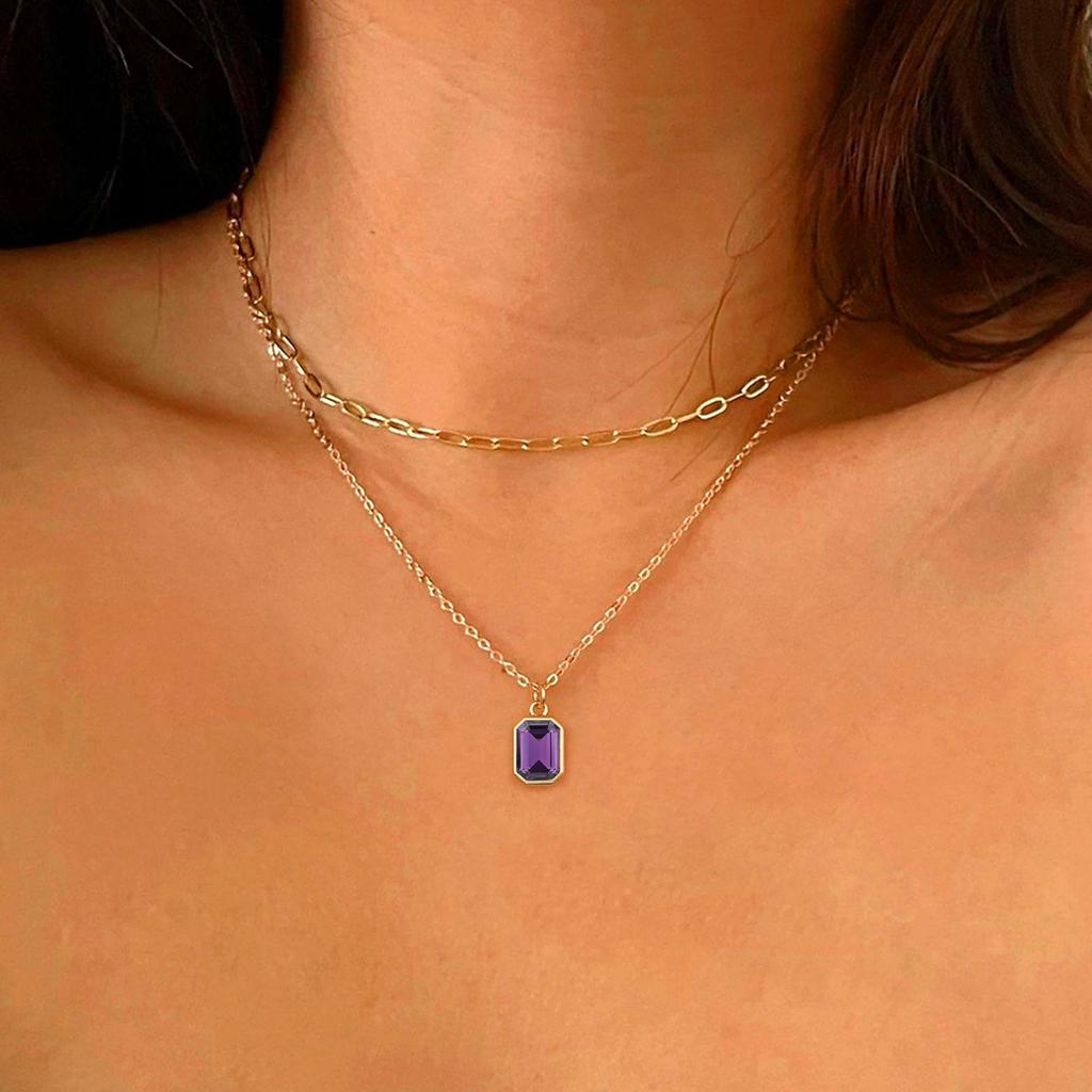 December Birthstone Double Layer Necklace: 18K Gold-Plated Rectangle Pendant