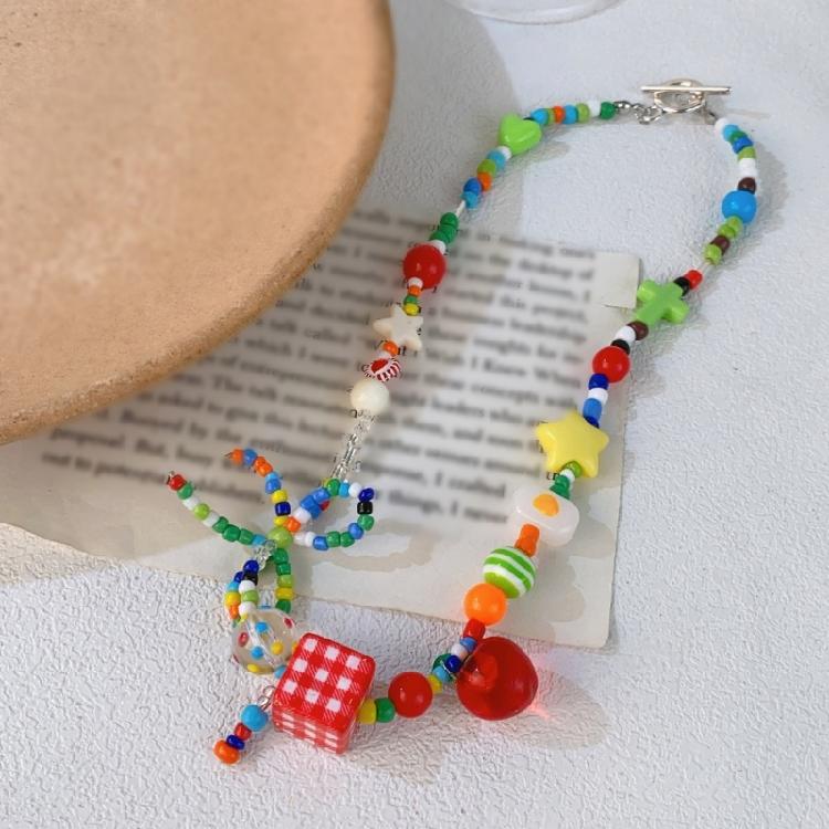 Handmade Colorful Necklace/Bracelet Fashionable Choker with Dainty Bowknot and Star Pendant Rainbow Beaded Jewelry