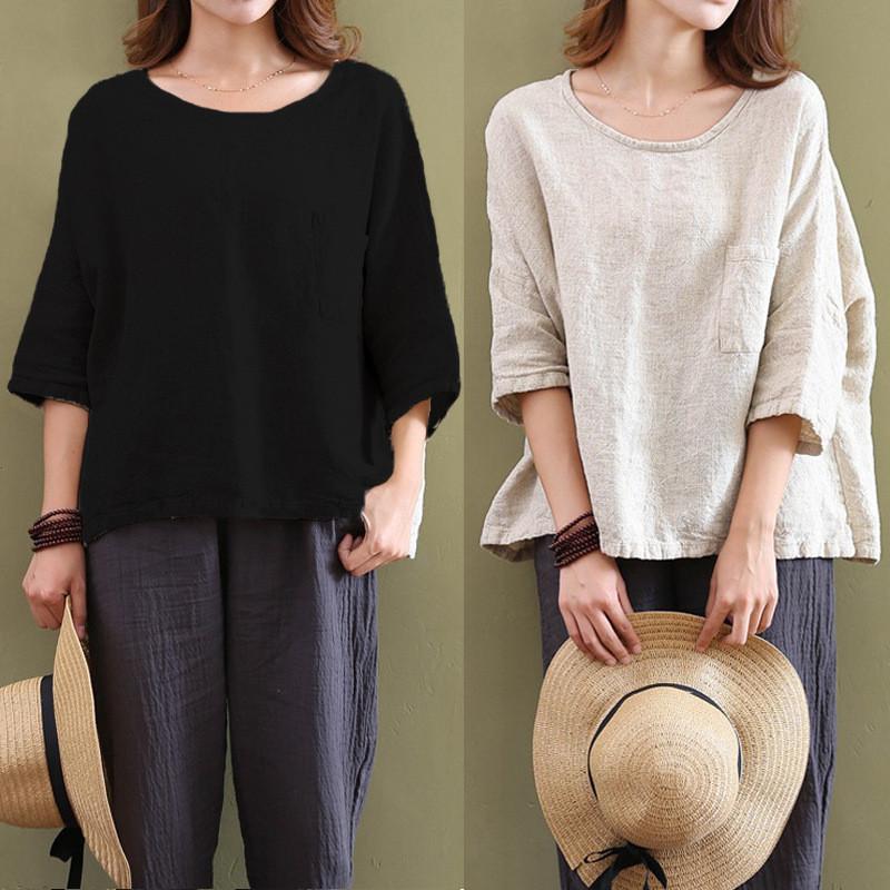 Vintage Women 34 Sleeve O Neck Cotton Linen Loose Casual Shirt Top Blouse