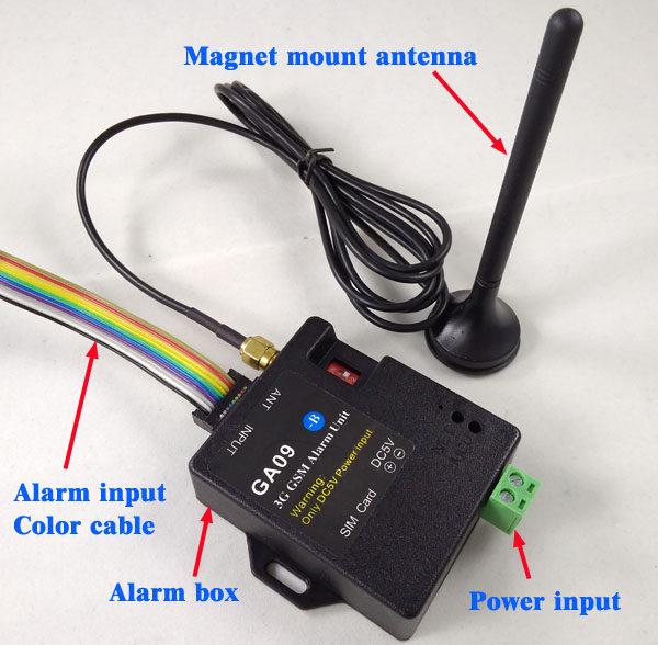 3G GSM Alarm System with 8 Alarm Inputs, SMS Alerts, and Call Notifications.