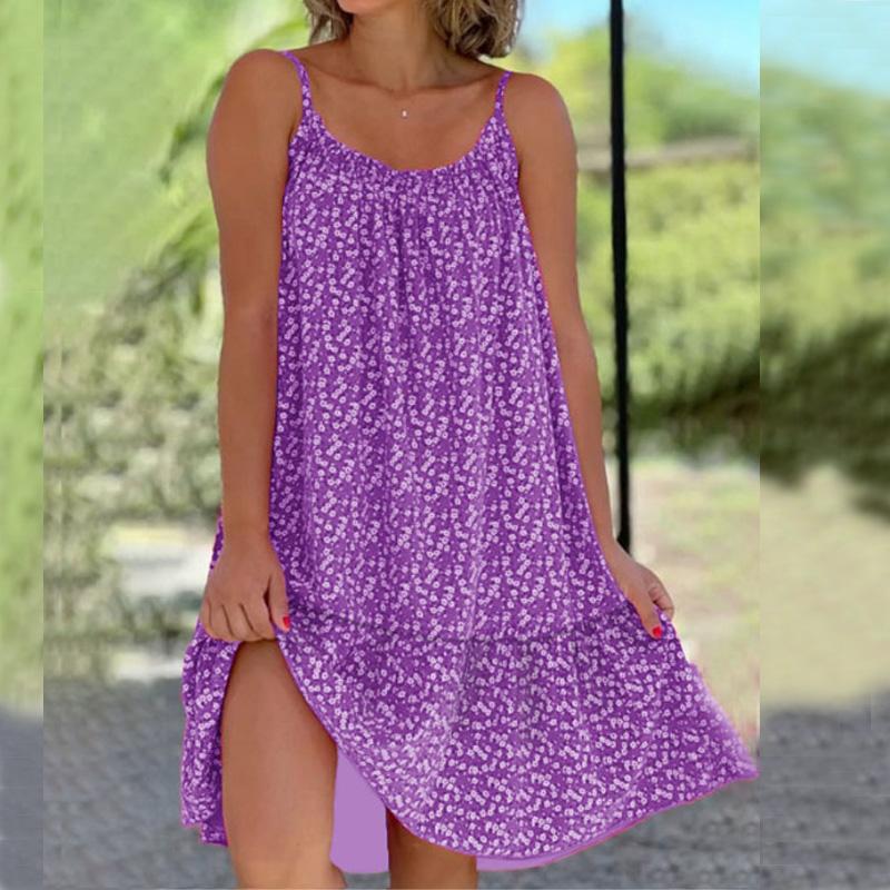 

Летнее повседневное женское модное платье с высокой талией Платья без рукавов для женщин Платье с цветочным принтом Платье с круглым вырезом Свободное платье Пляжное платье 4XL фиолетовый