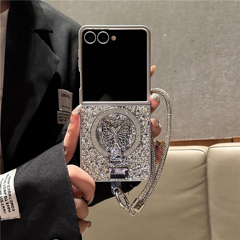 

Fashion Glitter Cute Butterfly Stand Holder Phone Case for Samsung Galaxy Z Flip 7 FE 6 5 4 3 Flip6 Flip7 Cover with Chain Cases Galaxy Z Flip7