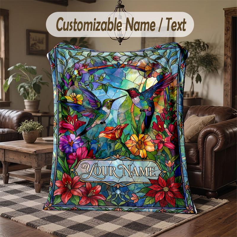 Hummingbirds Flowers Theme Throw Blanket Custom Name Text Personalized Blanket Soft Cozy Blanket for Home Sofa Bed
