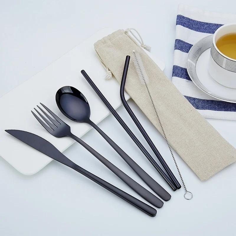 6 Ps/set Portable Outdoor Travel Dinneware Set 304 Stainless Steel Knife and Fork Spoon Straws Tableware Set