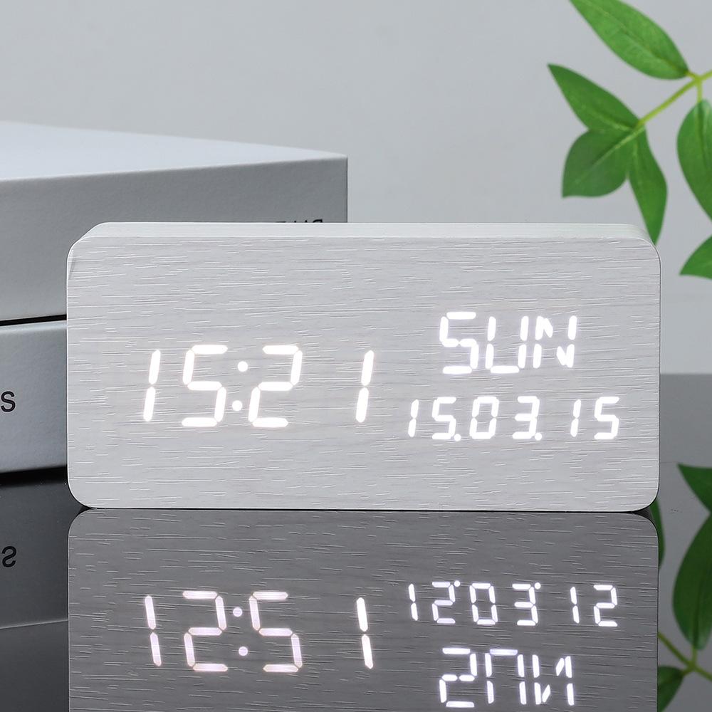 Perpetual Calendar Wooden Clock Electronic Clock Date Week Temperature Display Electronic Alarm Clock Voice Control Multifunction Clock