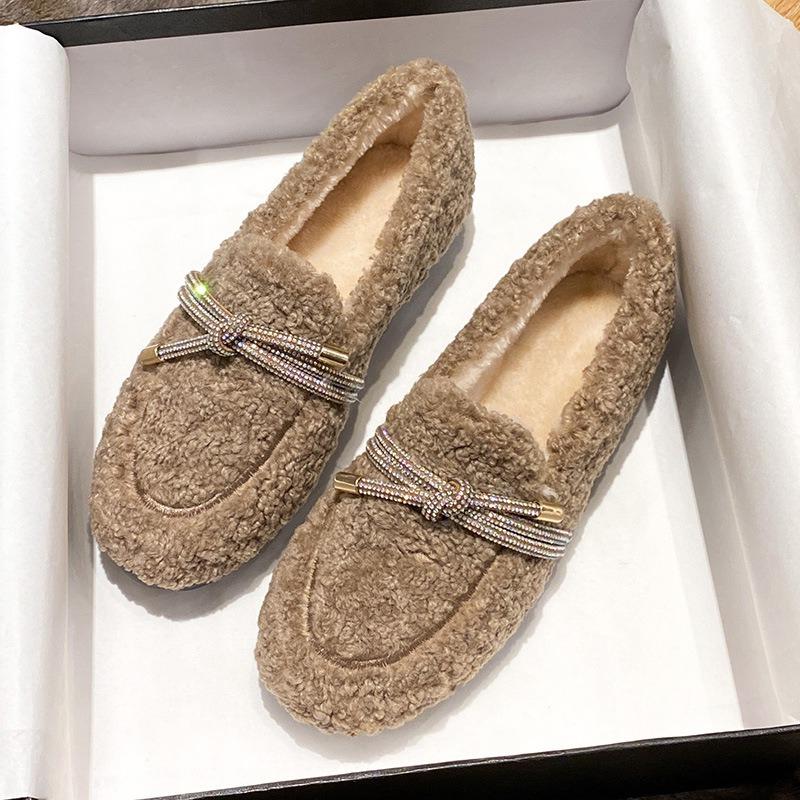 Fashion Luxury Crystal Bow Decoration Brand Designer Shoes Comfortable Flurry Loafers Women Winter new Warm Non-slip Flat Casual Shoes