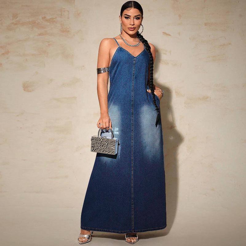 Plus Size Women's Denim Strappy Long Dress