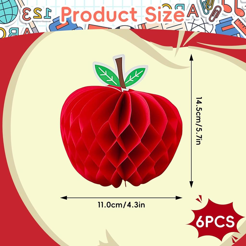 6 Pack 4.3 x 5.7 Inch Apple Honeycomb Decorations, Stand or Hang Tissue Paper Centerpieces, 3D Red Fruit Ornaments for Back to School, Teacher