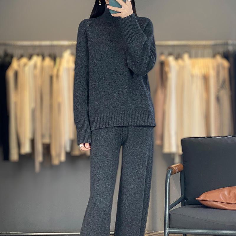 2025 Autumn/Winter High Neck Wool Knitwear & Wide Leg Pants Set