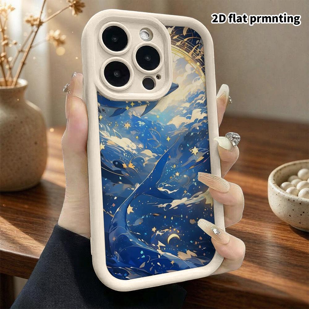 Phone case: 2D flat, suitable for iPhone 18 17 16 15 14 13 Pro protective case, Starry Sea Blue Whale, perfect Christmas and Halloween holiday gift