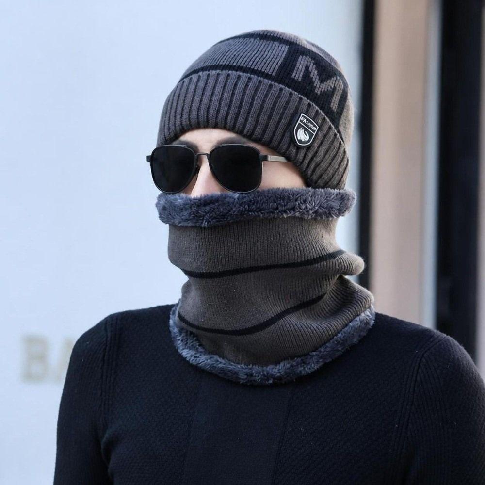 Plush Lined Knitted Beanie Set Windproof Winter Knit Headwear Set Cozy Neck Warmer Set  For Men