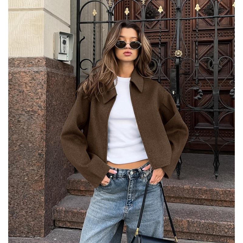 Damen Vintage Brauner Dicke Wolle Lockerer Umlegekragen Wintermantel