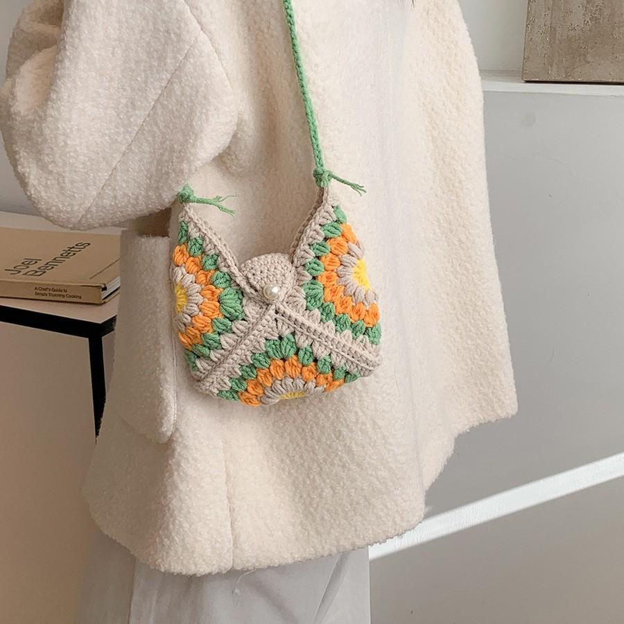Sac à Bandoulière Sac en Crochet Fleur Sac Tricoté Bohème Tournesol Sac Bandoulière au Crochet Grande Capacité Sacs de Rangement Plage Plage