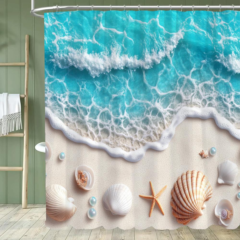 Sunshine Beach Shower Curtain,Ocean Shell Starfish Printing Polyester Fabric Bathroom Curtains for Home Decoration Curtain