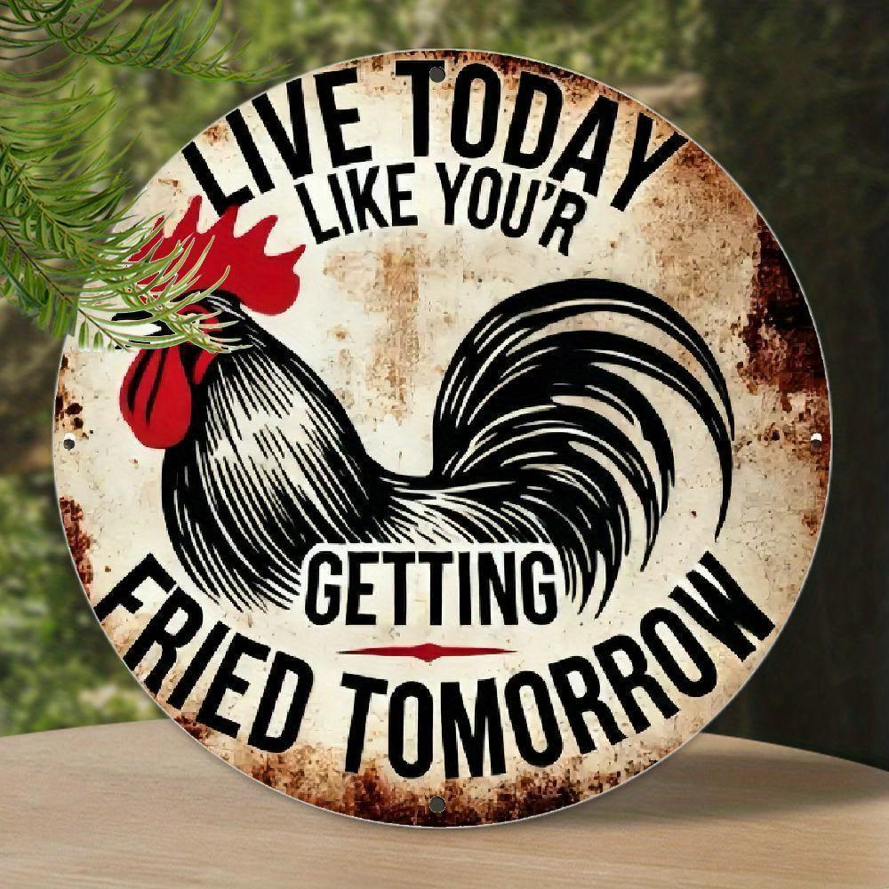 plaintextFunny Rooster Live Today Like Youre Getting Fried Tomorrow Round Metal Sign Vintage Farmhouse Humor Tin Plaque Dist 20x20cm(8x8inch)