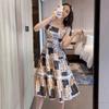 Floral vest skirt new summer sexy waist thin suspender skirt splicing square medium and long dress women