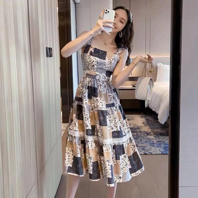 Floral vest skirt new summer sexy waist thin suspender skirt splicing square medium and long dress women