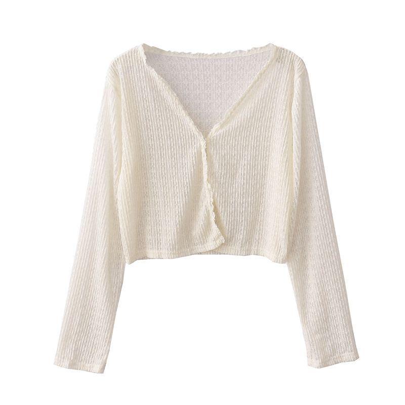 

Women s Summer Ice Silk V-Neck Cardigan - Air-Conditioned, Lace Trim, Long Sleeve, Sun Protection Top L