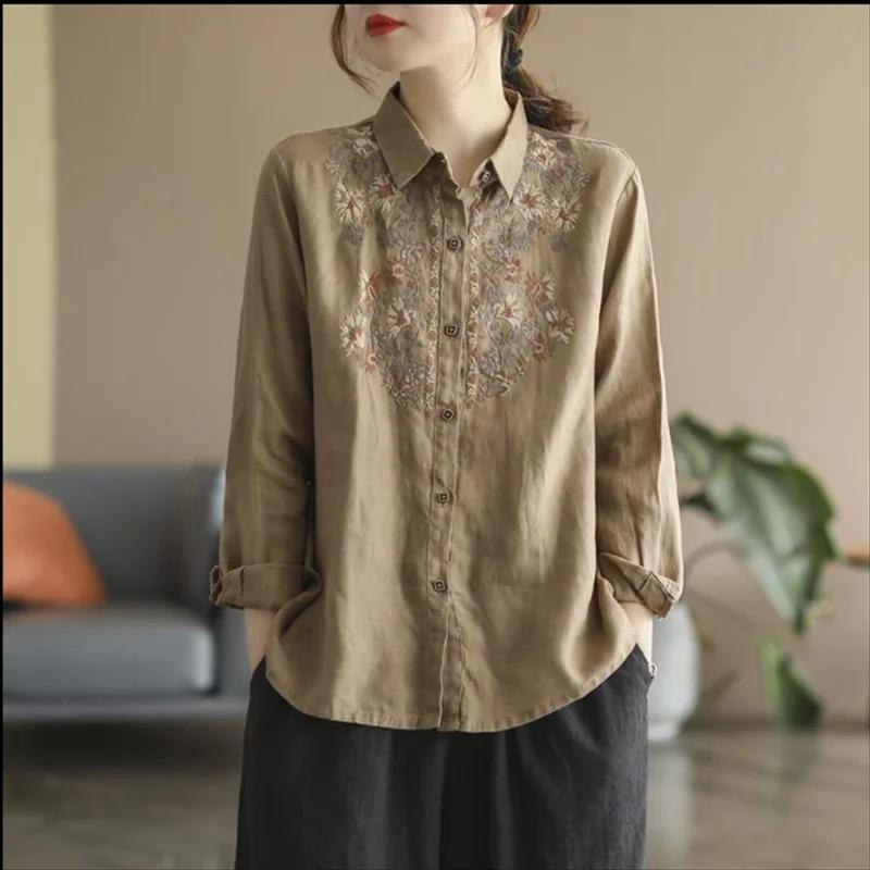Retro Blouses Women National Shirt Linen Shirt Loose Embroidered Blous Laple Long Sleeve Cardigan Shirts