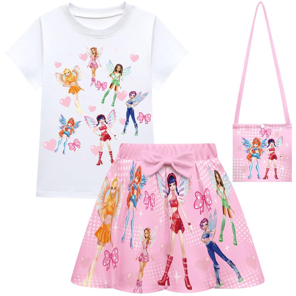 Kids Girls Cartoon Princess KATSEYE Print Short Sleeves T-Shirt Skirt Bag Set
