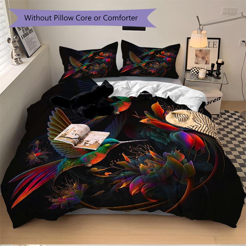 3pcs Colorful Hummingbirds in Flight Printed Bedding Set, Soft and Comfortable Quilt Cover for Bedroom, Guest Room