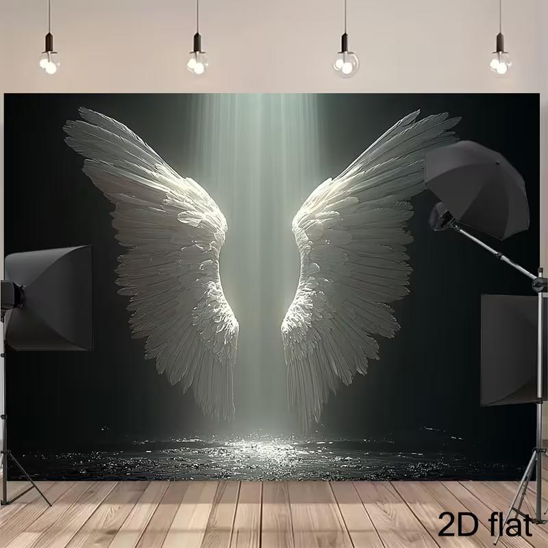 

2D Black & White Angel Wings Photography Backdrop, Light Beam Shiny Feather Wings Background Cloth 47.2x31.5inch/120*80cm