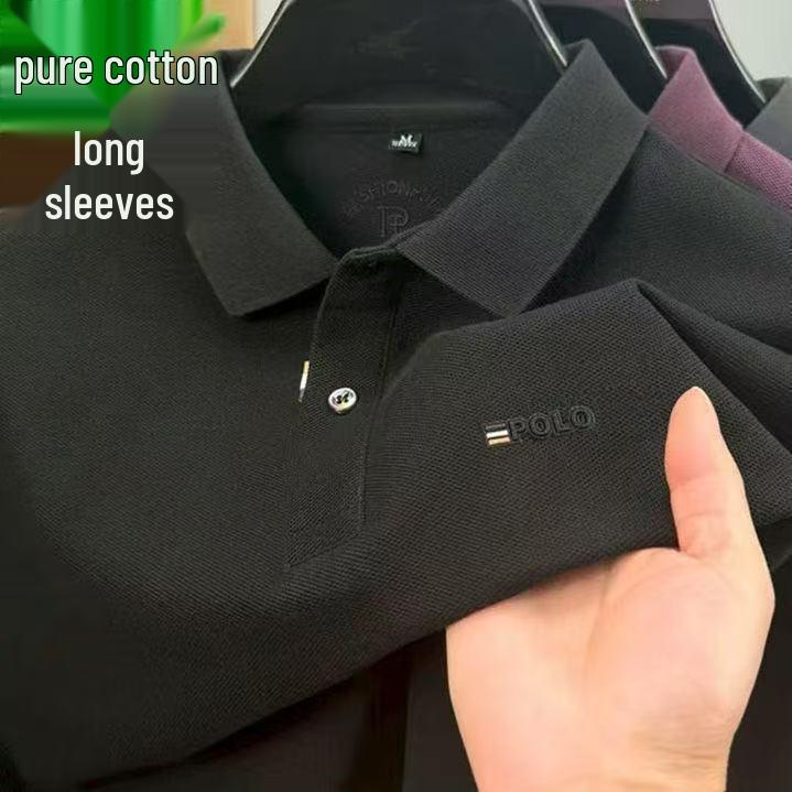 Polo homme Douyin automne en coton - Col rabattu, manches longues, couleur unie, coupe décontractée
