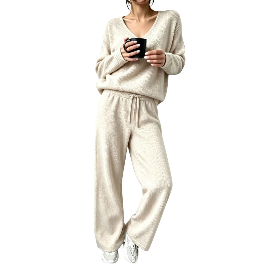 Women's Off-Shoulder Long Sleeve Cutout Knit Two-Piece Set Color Casual Outfit