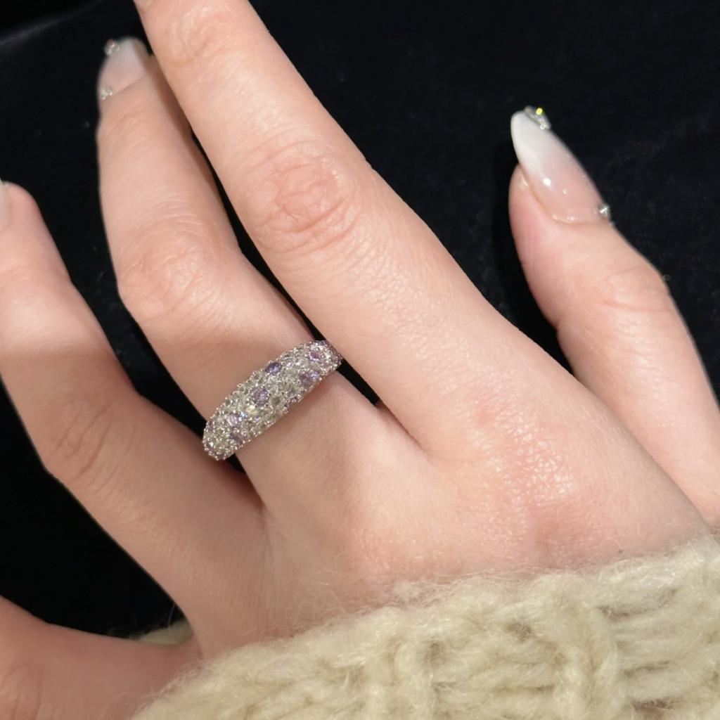 "Dream Garden" French Retro Light Luxury Purple Diamond Gypsy Ring, Half Circle Row Of Diamonds, Niche High-End Ring