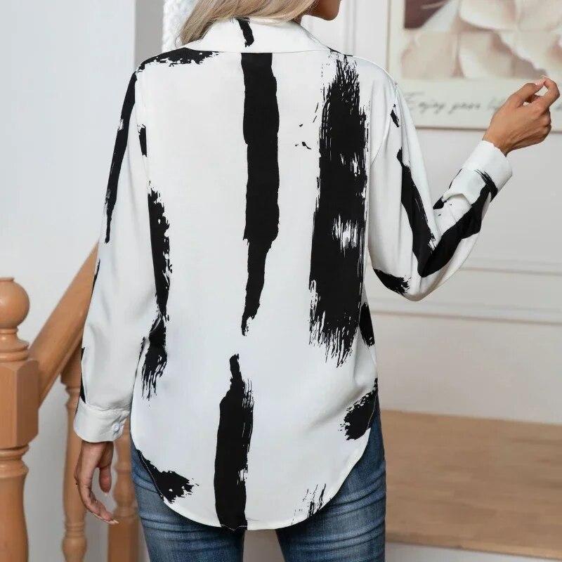 Fashion Abstract Art Print Blouse Women Button Up Loose Long Sleeve Shirts Turn Down Collar Elegant Office Lady Tops Clothes 29728