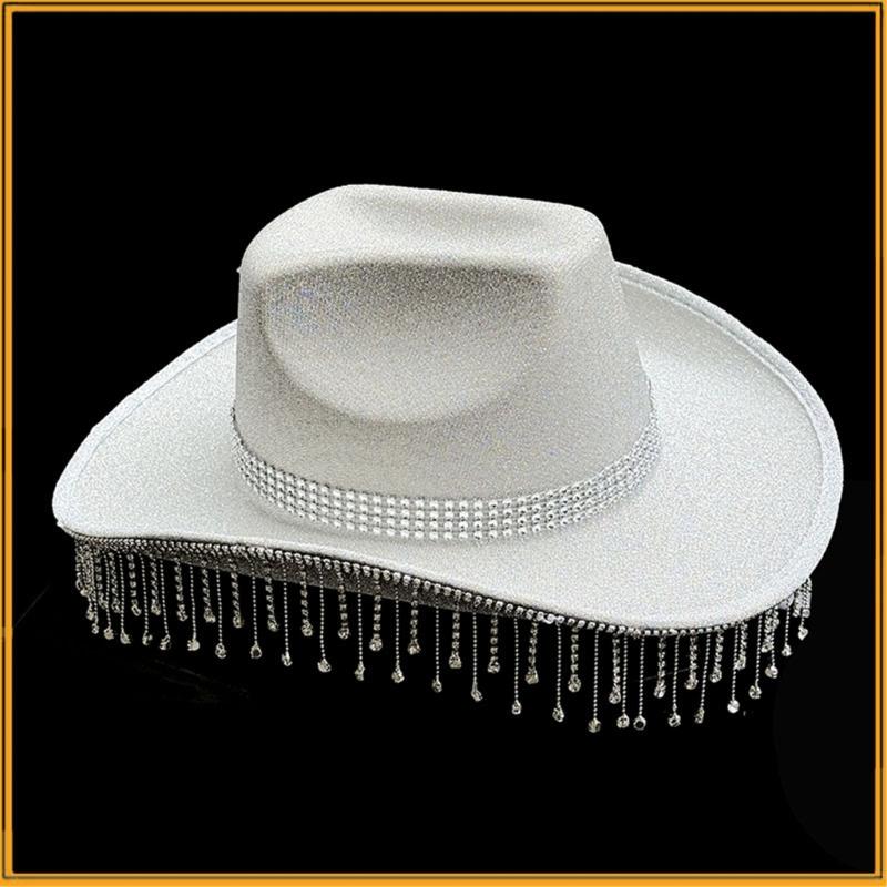 Shimmering Rhinestones Fringed Hat for Women Men Music Festival Fedoras Hat with Large Brims Glittering Powder for Party
