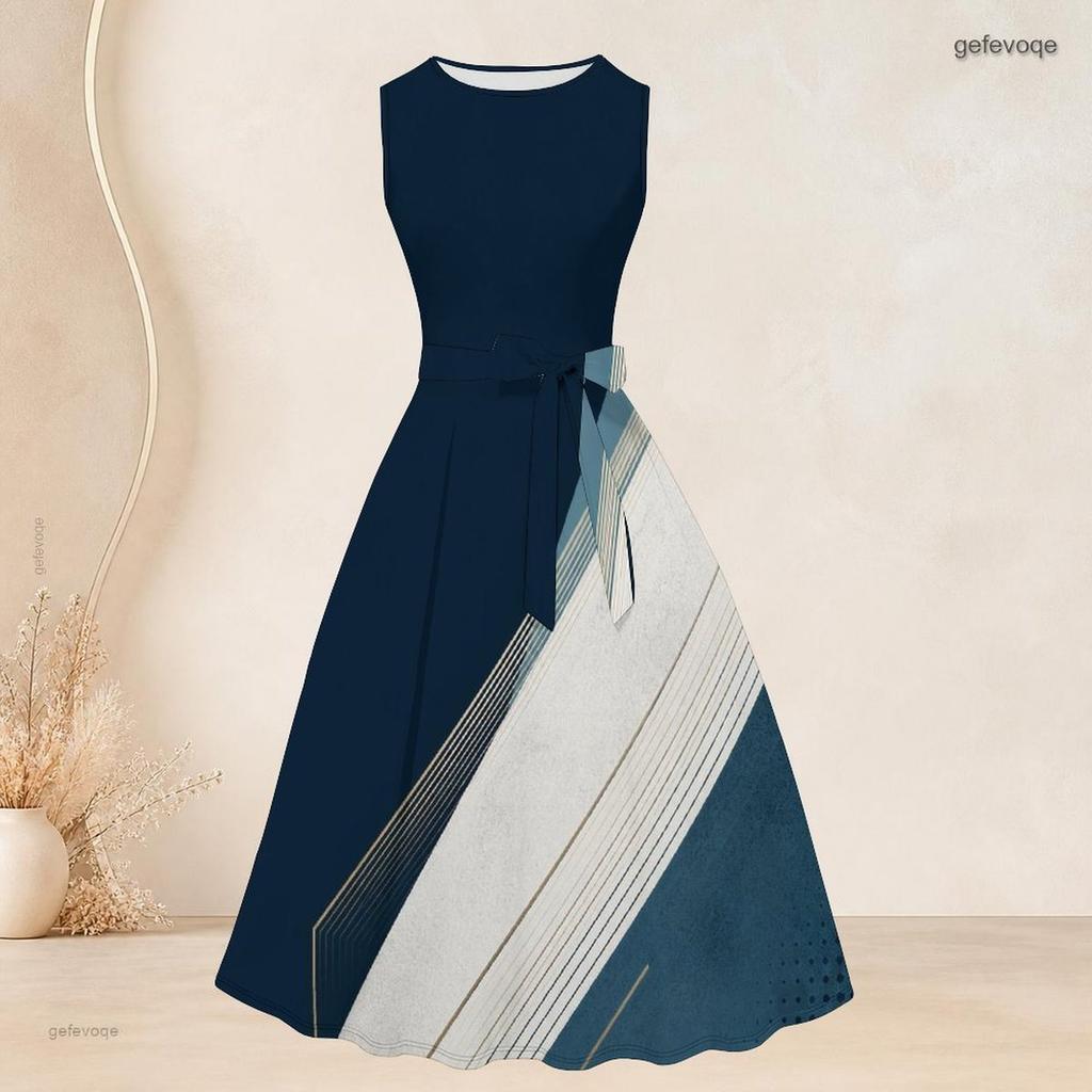 Women Plus Size Geometric Printed Two Piece Set Round Neck Sleeveless Tie Waist Flared Dress 3 4 Sleeve Open Cardigan
