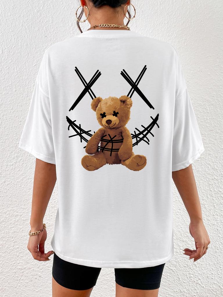 Ein Stoffbär mit einem Verbanddruck T-Shirts Damen Lässig Weiche Oberteile Mode Cooles T-Shirt Kleidung Straße Sommer Kurze Ärmel