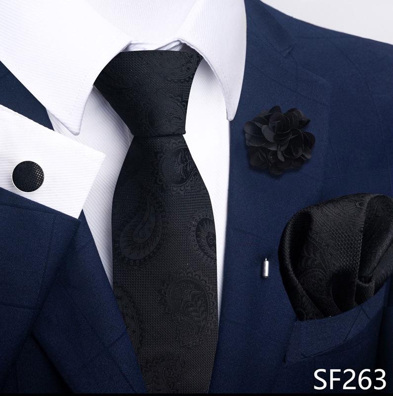 Brown Paisley Men's Tie, Pocket Square, Cufflinks & Boutonniere Set for Business Formal Wear.