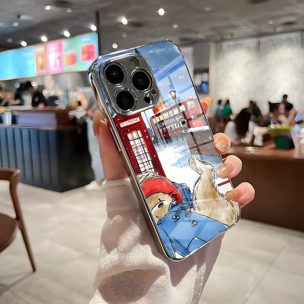 Paddington Bear Phone Case For IPhone 17 Pro Max 15 Pro 16 14 Plus 12 13 Mini 11 Pro Shockproof Electroplated Glass Cover