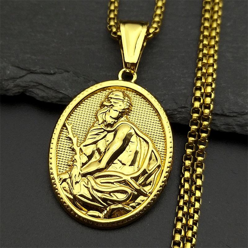 

Jesus with Palm Pendant Necklace for Women Men Stainless Steel Christian Gold Color Medal Religious Necklaces Amulet Jewelry 60CM