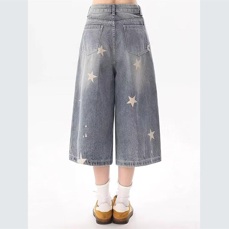 American Star-printed Washed Denim Cropped Pants Men's New Summer Casual Pants Wide-leg Shorts Women