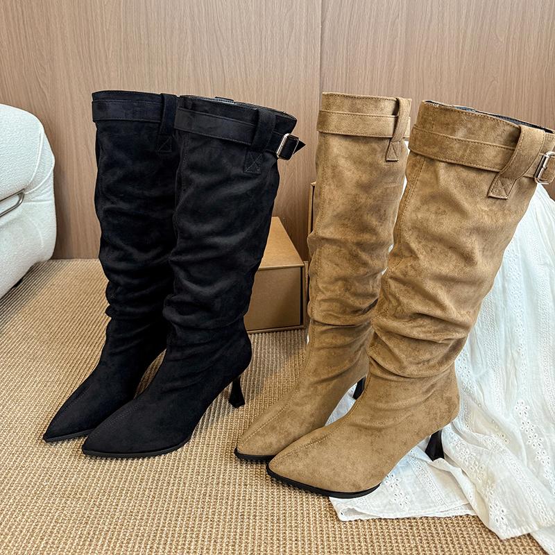 Korean Retro Suede Pointed Toe High Heel Pleated Pile Boots Women's 2025 New Buckle Skinny Heel High Boots