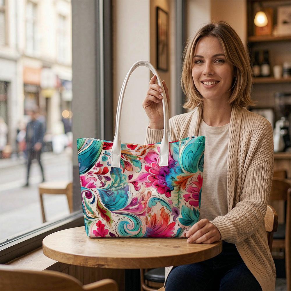 Colorful Floral Print Tote Bag for Women Fashion Casual Large Capacity Handbag for Daily Shopping Travel Lightweight Carryall Shoulder Bag