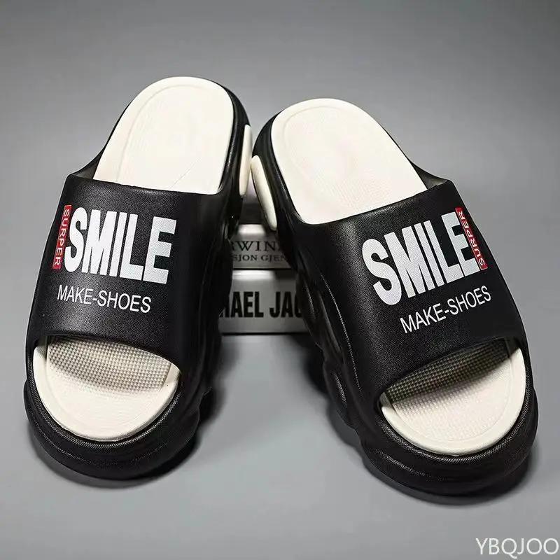 Módní letní pánské plážové pantofle se silnou podrážkou, koupelnové protiskluzové pantofle, měkké sandály, jednoduchost, ultralehké boty s nápisem, pánské pantofle