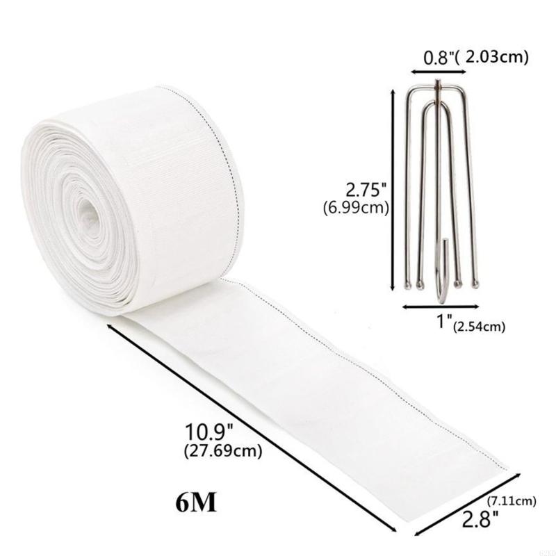 62KD 6 Meter Curtain Heading Pleated Tape with 15Pcs 4 Prongs Curtain Hooks Clips