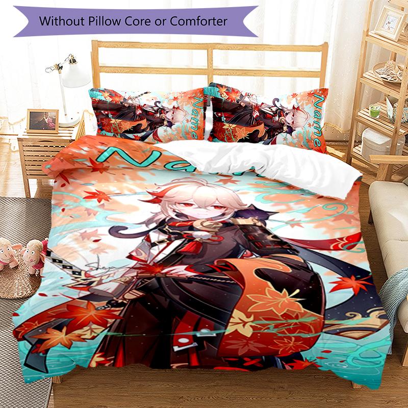 3pcs Custom Name Cartoon Genshin Impact Manye Bedding Set Duvet Cover Closure Includes 1 Duvet Cover & 2 Pillowcases for All Seasons Bedroom Decor