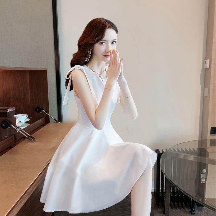 New Summer White Little Fairy Dress Super Fairy Off-the-shoulder Waist Dress Medium and Long Dress Tide