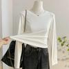 Women's 2025 Spring Long Sleeve T-Shirt: Straight Shoulder, Petite Waist-Gathered, Pleated Base Layer for a Trendy American Spicy Girl Look